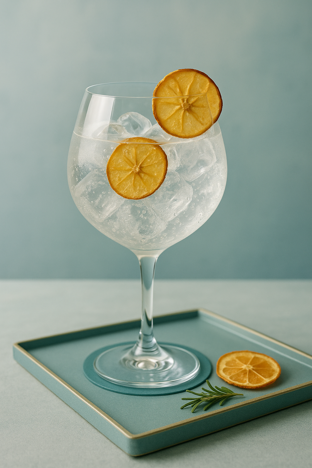 Arduenna Gin served with Thomas Henry Tonic Water, garnished with Thin slice of dehydrated mirabelle plum