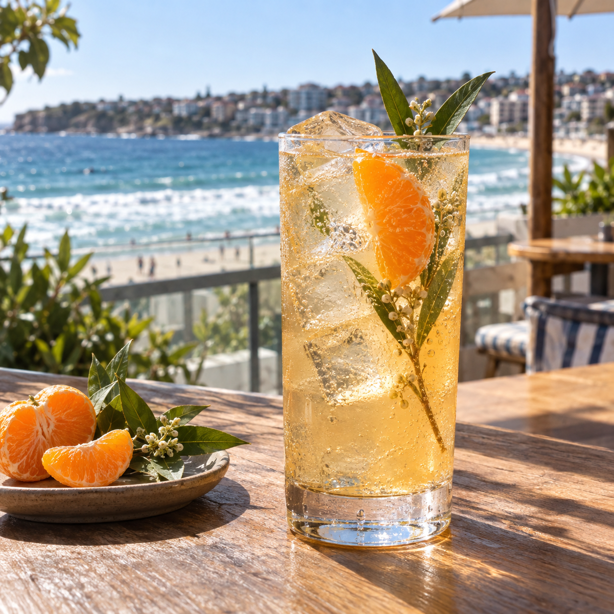 Bondi Liquor Co Mandarin Gin served, garnished with Mandarin segment and Lemon myrtle