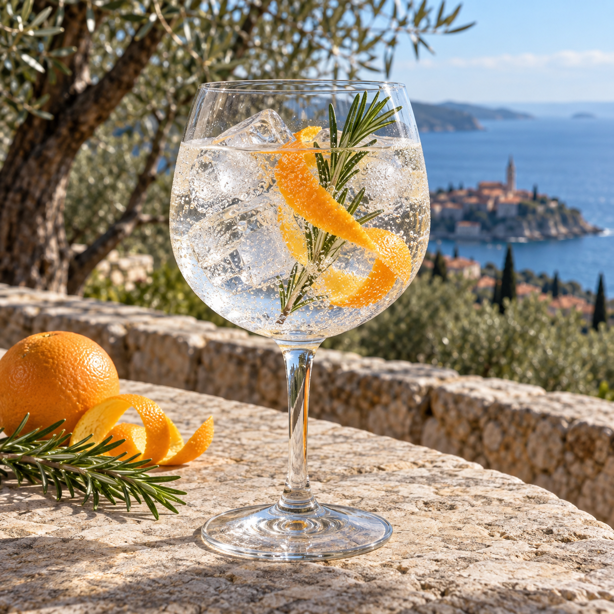 Flying Goat Istrian Dry Gin served with Fever-Tree Indian Tonic Water, garnished with Orange peel and Rosemary