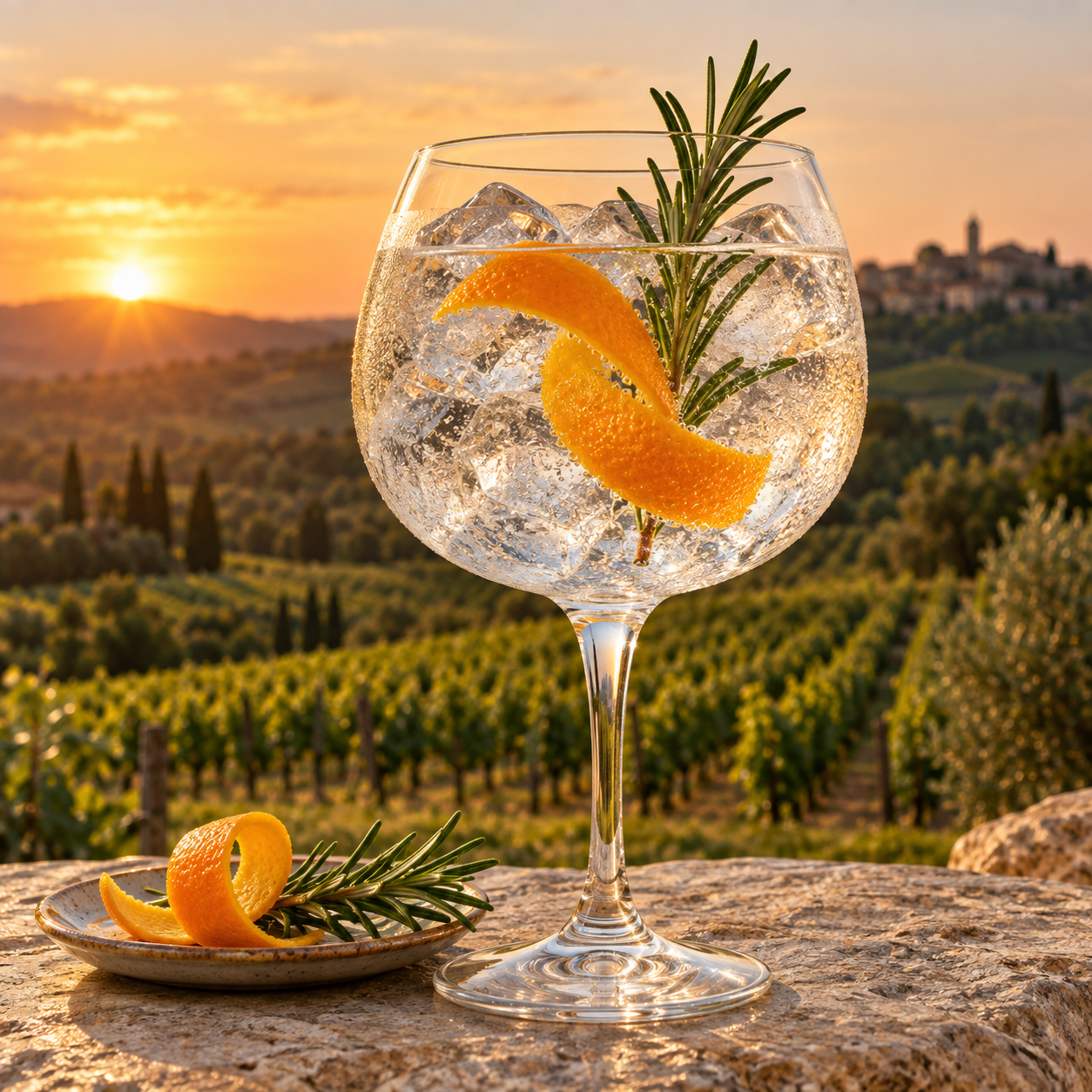 Rossi Nostromo Gin served with Fever-Tree Indian Tonic Water, garnished with Orange peel and Rosemary