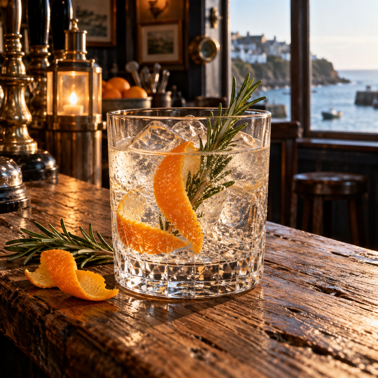 Copper Pot 57 Navy Strength Gin served with Fever-Tree Mediterranean Tonic Water, garnished with Orange slice and Rosemary
