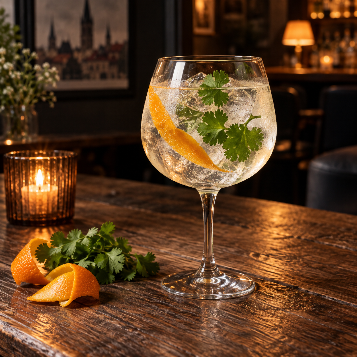 Gindome Old Tom Gin served with Fever-Tree Indian Tonic Water, garnished with Orange peel and Coriander leaf