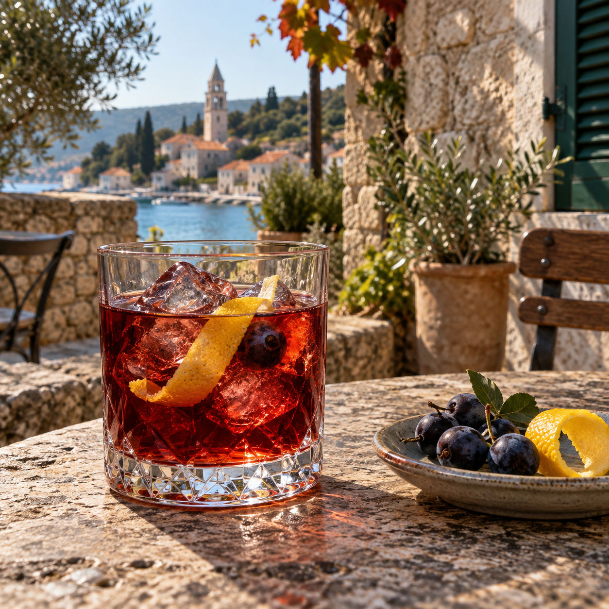 HUM 587 Sloe Gin served, garnished with Lemon twist