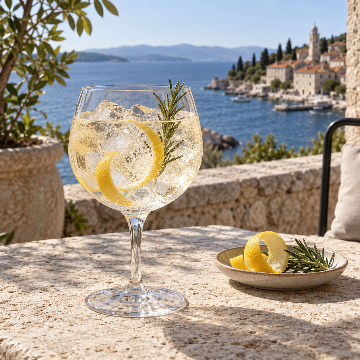 HUM 587 Botanical Gin served with Fever-Tree Indian Tonic Water, garnished with Lemon twist and Rosemary