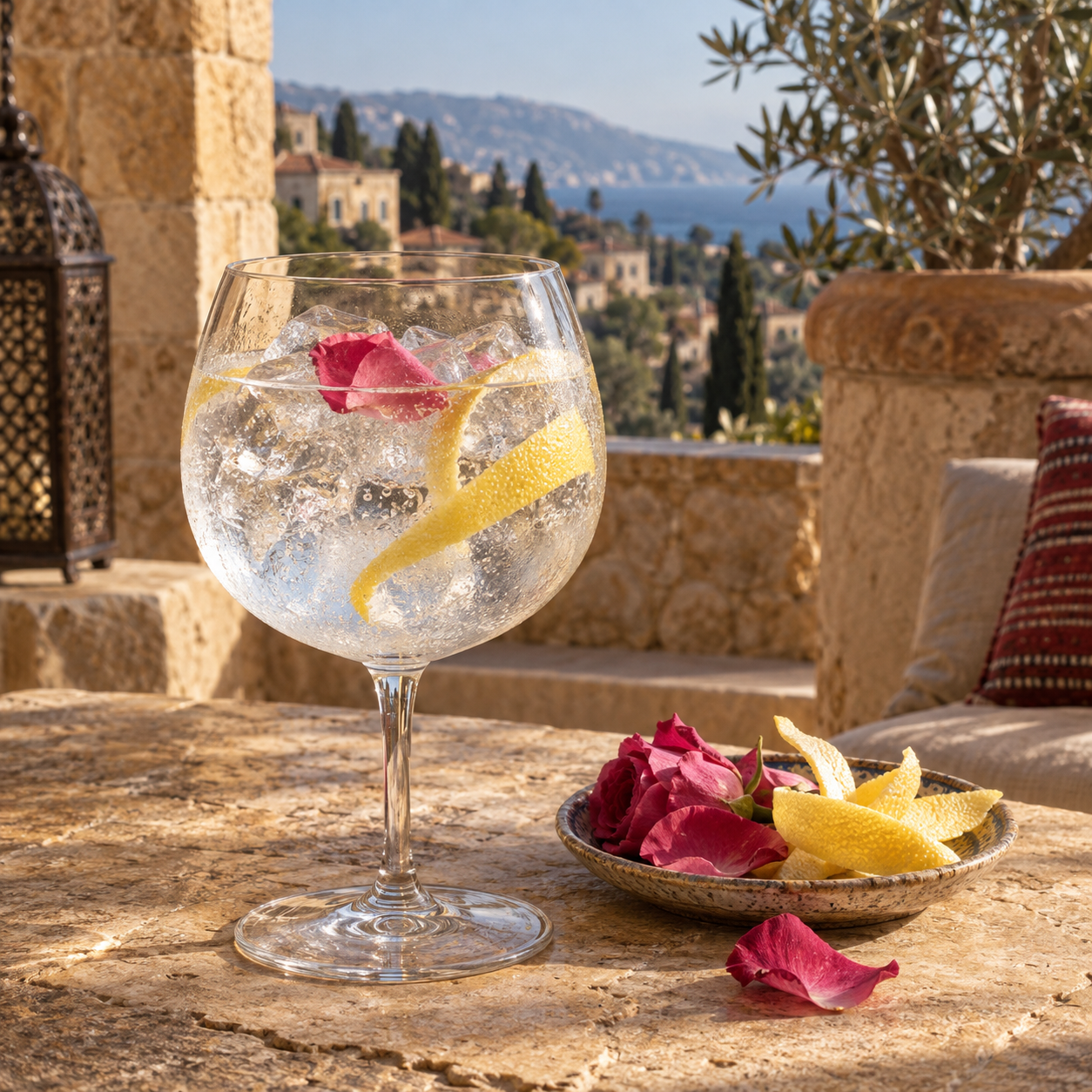Damascus Gin Original Rose served with Fever-Tree Indian Tonic Water, garnished with Rose petals and Lemon peel