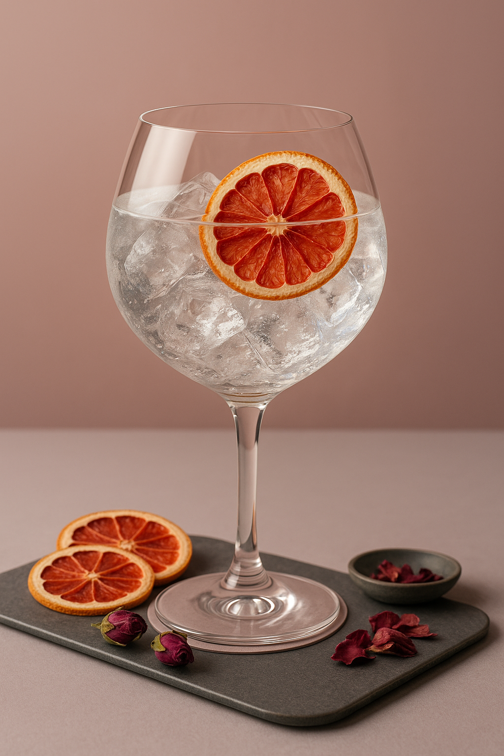LièGin Rosé Ardent servi avec Fever-Tree Elderflower Tonic Water, agrémenté de dehydrated grapefruit wheel