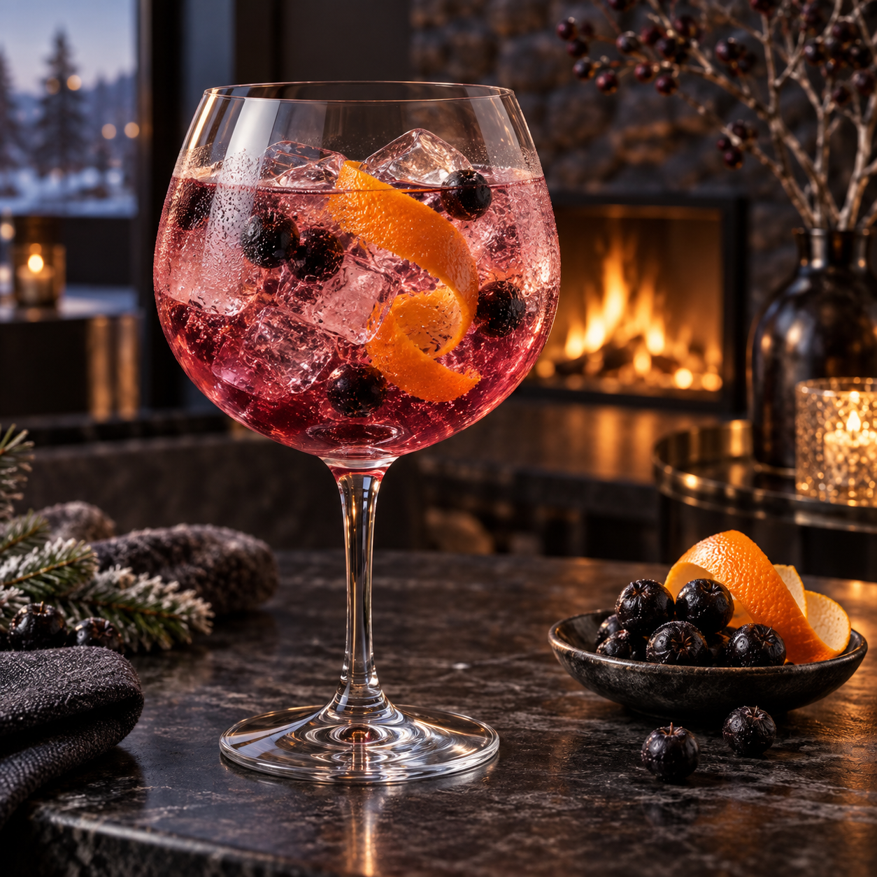 TOHI Aronia Infused Gin served with Fentimans Connoisseurs Tonic Water, garnished with Orange peel and Aronia berries