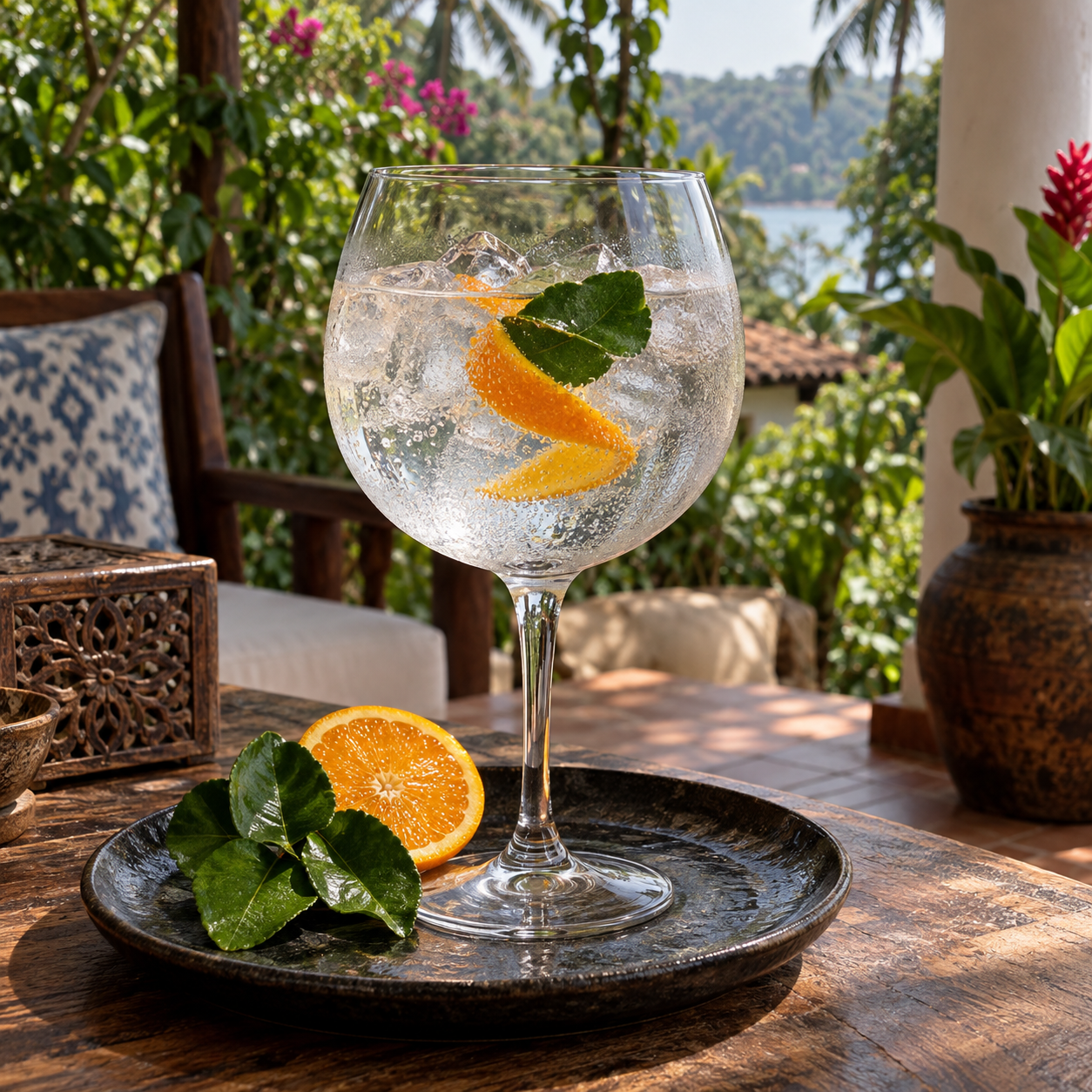 Vanaha Artisanal Gin served with Fever-Tree Indian Tonic Water, garnished with Orange peel and Makrut lime leaf