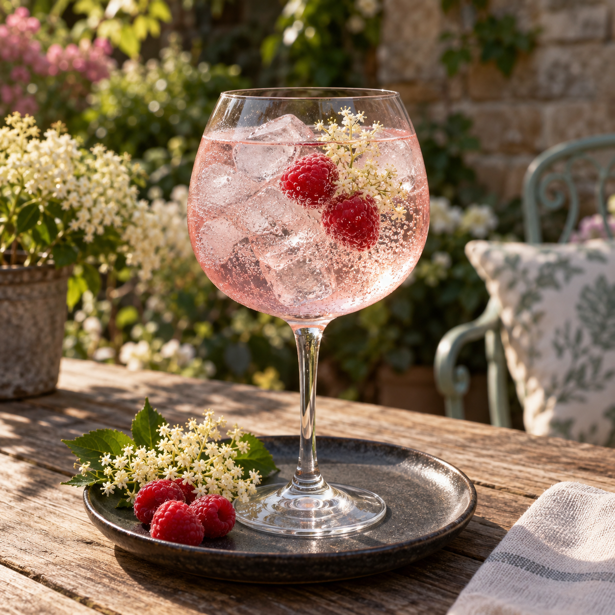 Three Bees Raspberry & Elderflower Gin served with Fever-Tree Refreshingly Light Indian Tonic Water, garnished with Raspberries and Elderflower