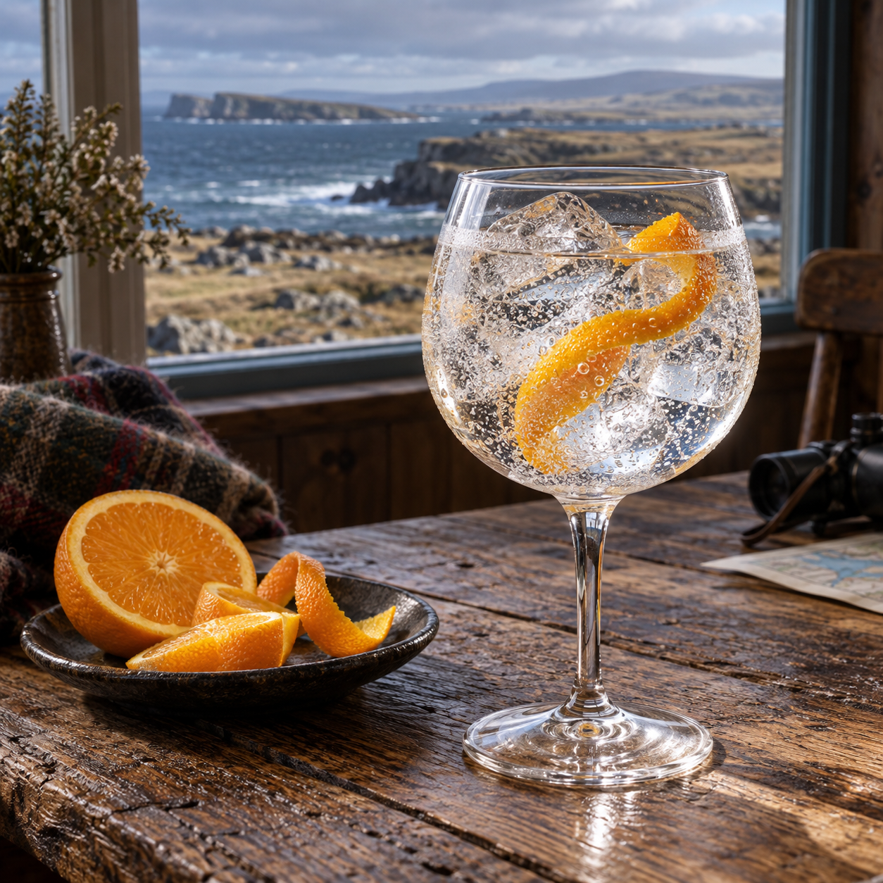 Tumbledown Falkland Islands Gin servi avec Fever-Tree Indian Tonic Water, agrémenté de Orange peel
