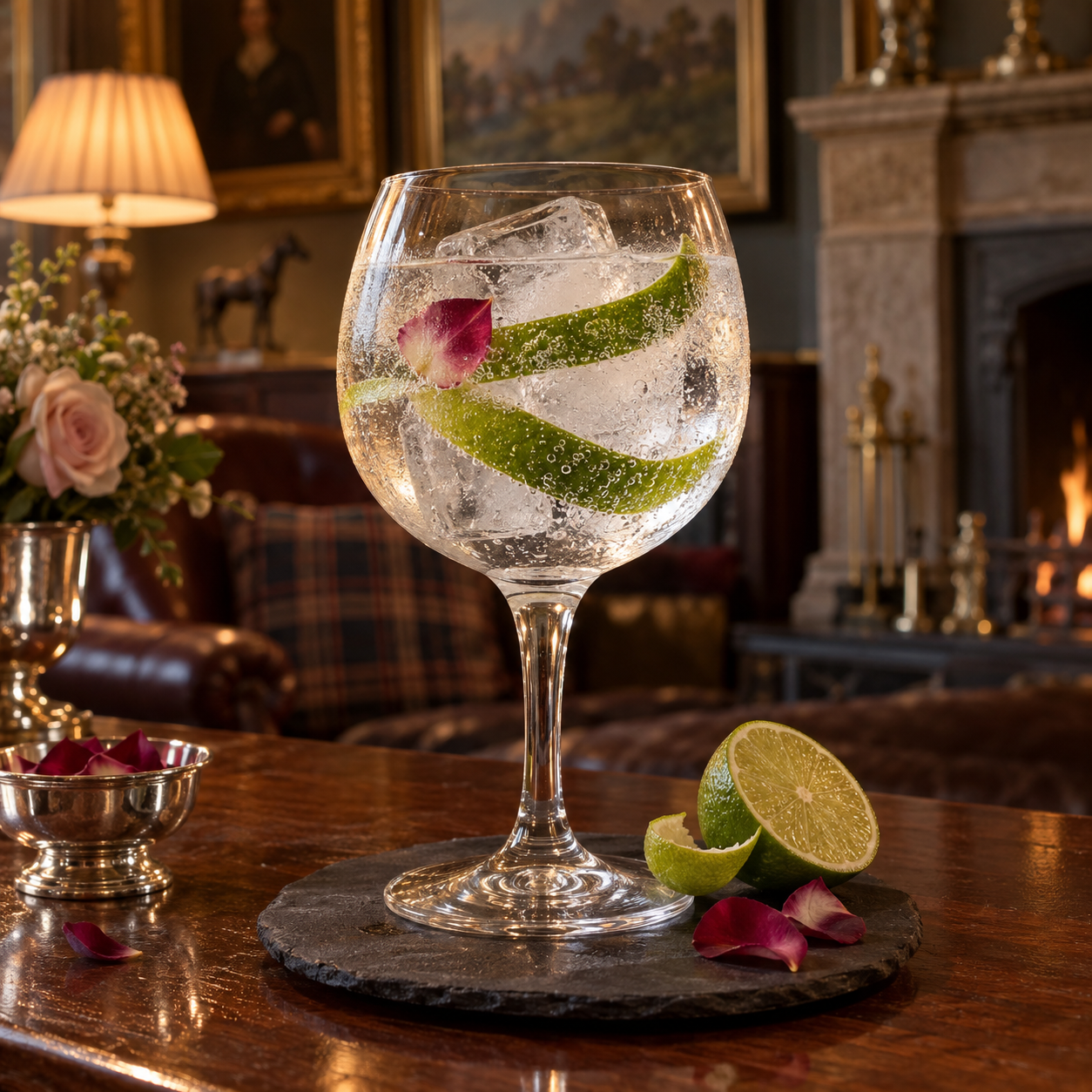 The Shropshire Distillery Navy Strength Gin served with Fever-Tree Refreshingly Light Indian Tonic Water, garnished with Lime peel and Rose petals