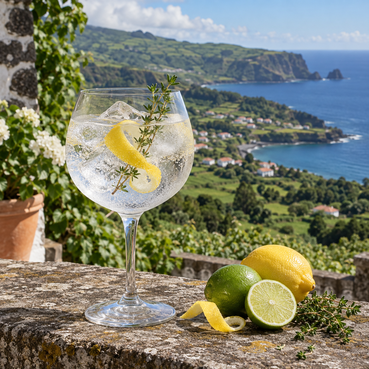 Ghosts of The Ocean London Dry Gin served with Fever-Tree Indian Tonic Water, garnished with Lemon peel and Thyme