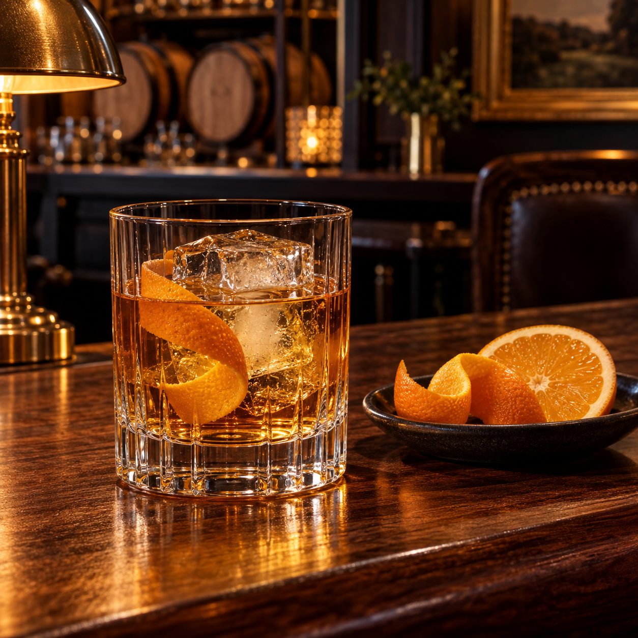 James Bay Gintrigue Barrel-Finished Gin servi, agrémenté de Orange peel