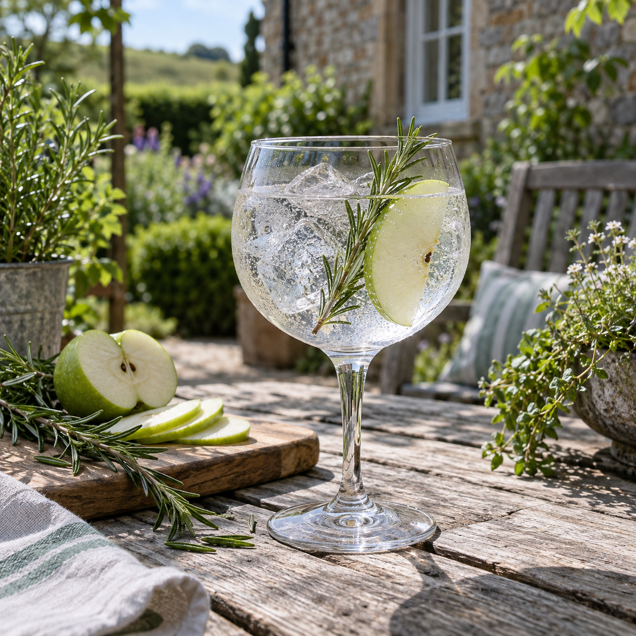 Frodon English Garden Gin servi avec Fever-Tree Indian Tonic Water, agrémenté de Green apple et Rosemary