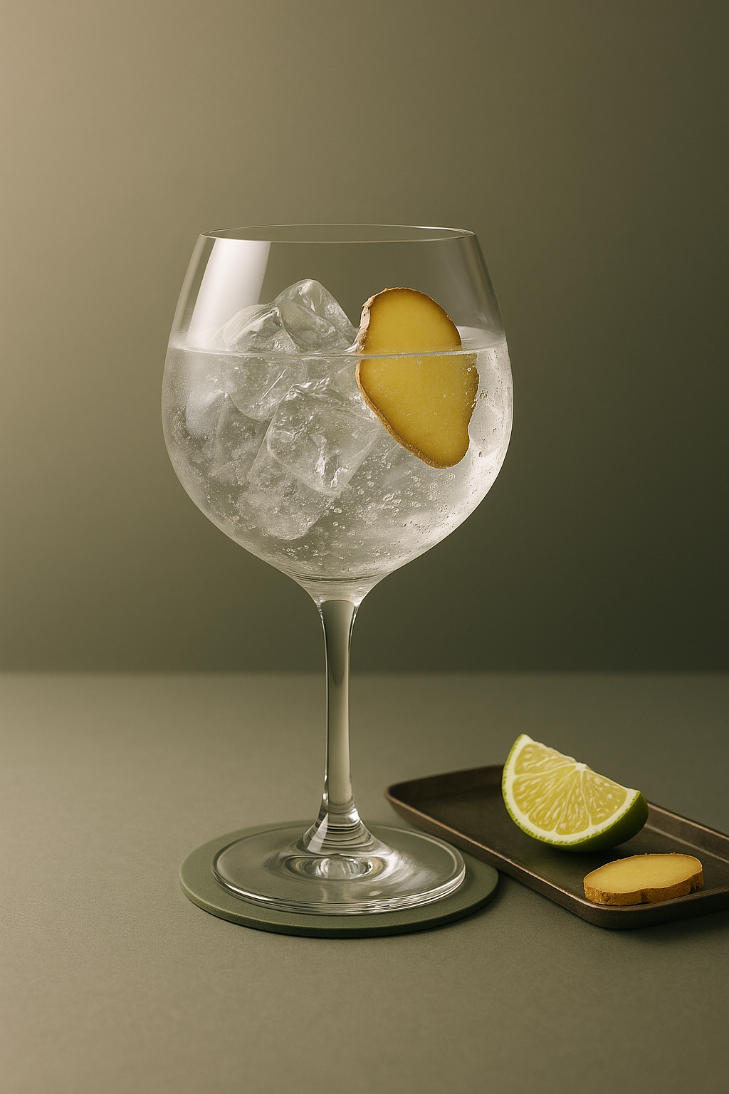 Tanqueray Rangpur served with East Imperial Burma Tonic Water, garnished with thin slice of fresh ginger