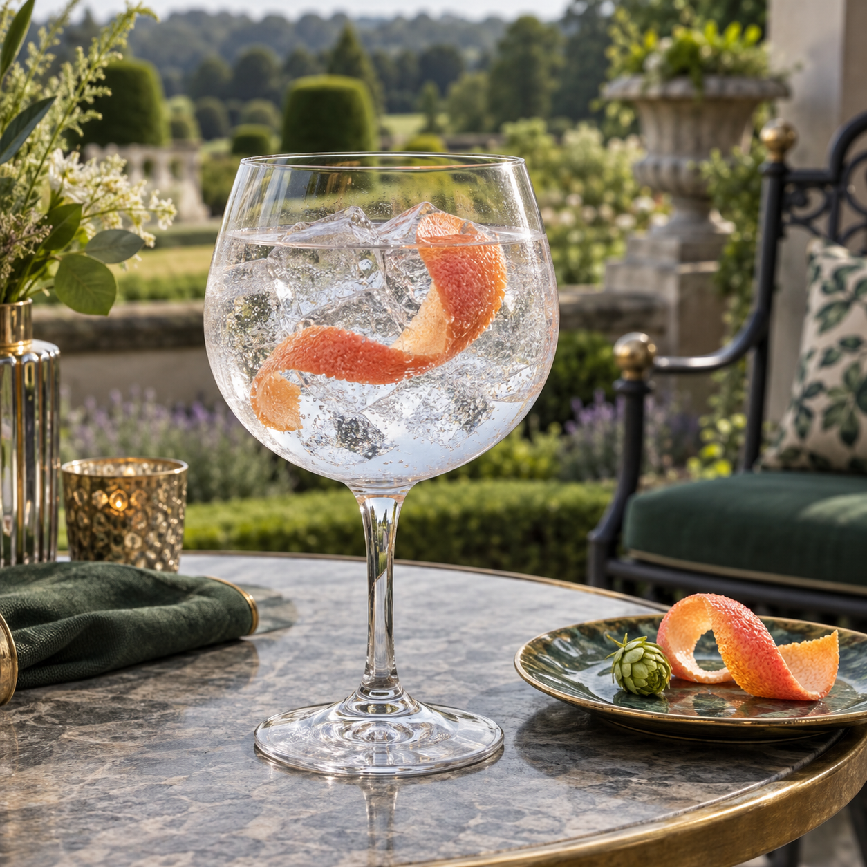 Arkle Hopped Dry Gin served with Fever-Tree Indian Tonic Water, garnished with Pink grapefruit peel