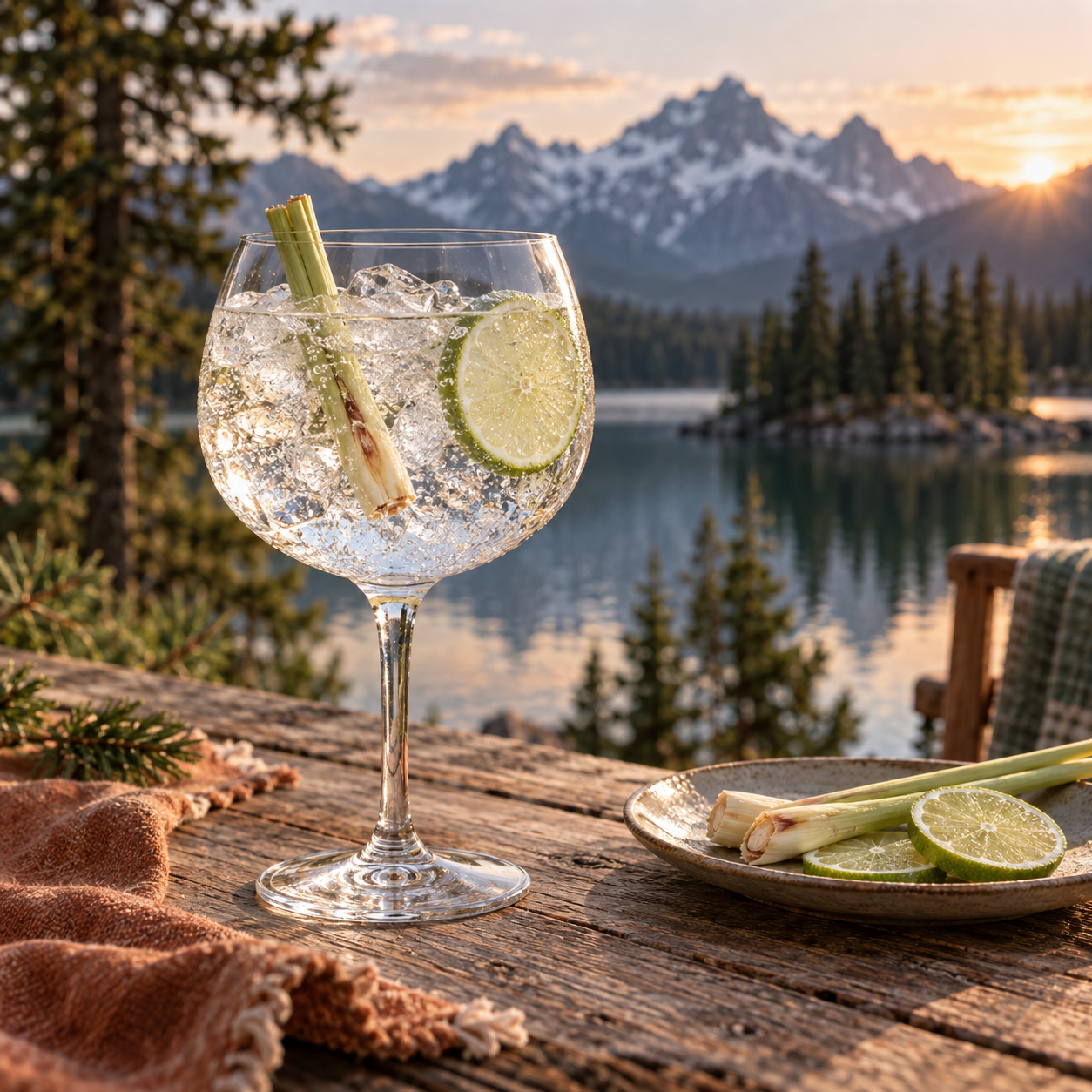 13 Peaks Lemongrass Gin servi avec Fever-Tree Indian Tonic Water, agrémenté de Lemongrass stalk et Lime wheel