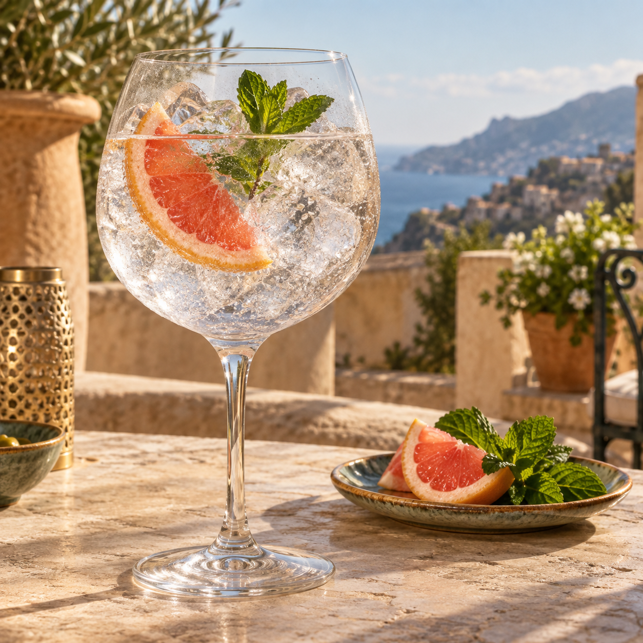 Dannato Gin served with Fever-Tree Indian Tonic Water, garnished with Pink grapefruit slice and Mint sprig