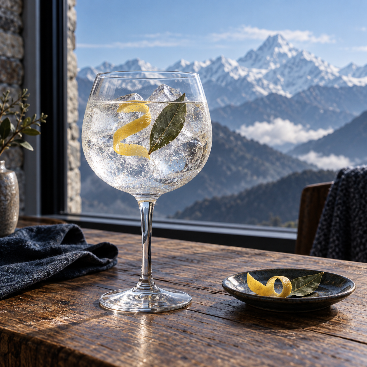 Everest Gin served with Fever-Tree Indian Tonic Water, garnished with Lemon peel and Bay leaf