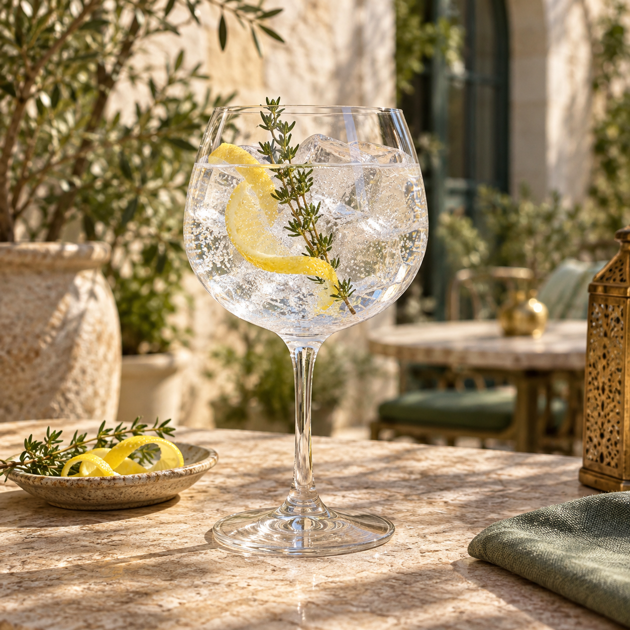 Levantine Gin served with Fever-Tree Indian Tonic Water, garnished with Lemon peel and Thyme