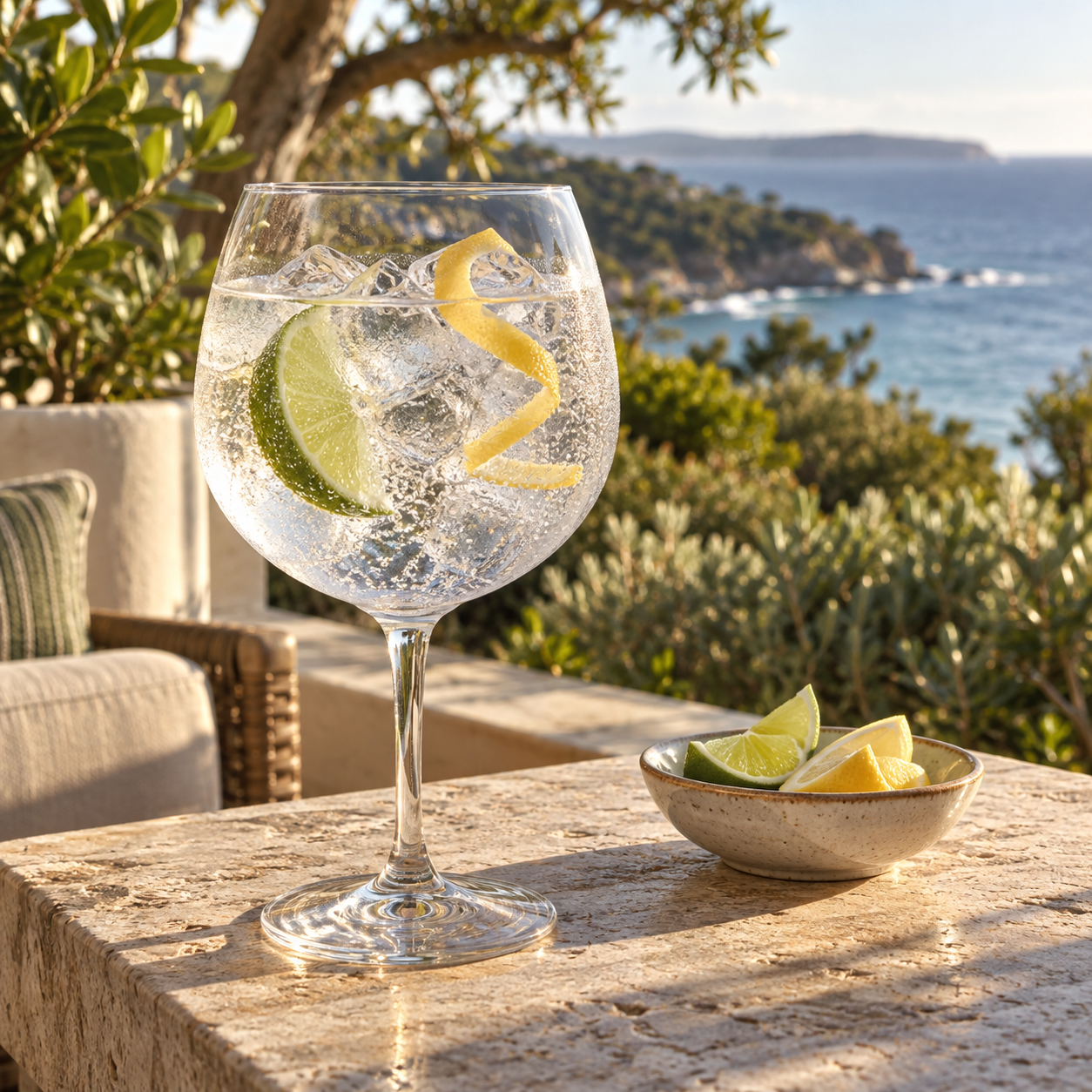 Tonalicious Lucky 13 Gin servi avec Fever-Tree Indian Tonic Water, agrémenté de Lime peel et Lemon peel