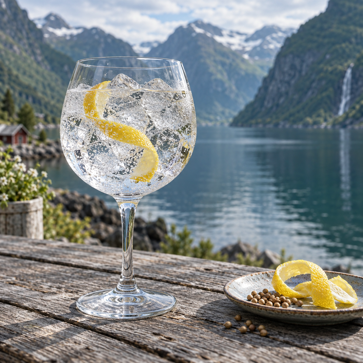 Bareksten Nordlys Gin servi avec Fever-Tree Indian Tonic Water, agrémenté de Lemon peel et Coriander seeds