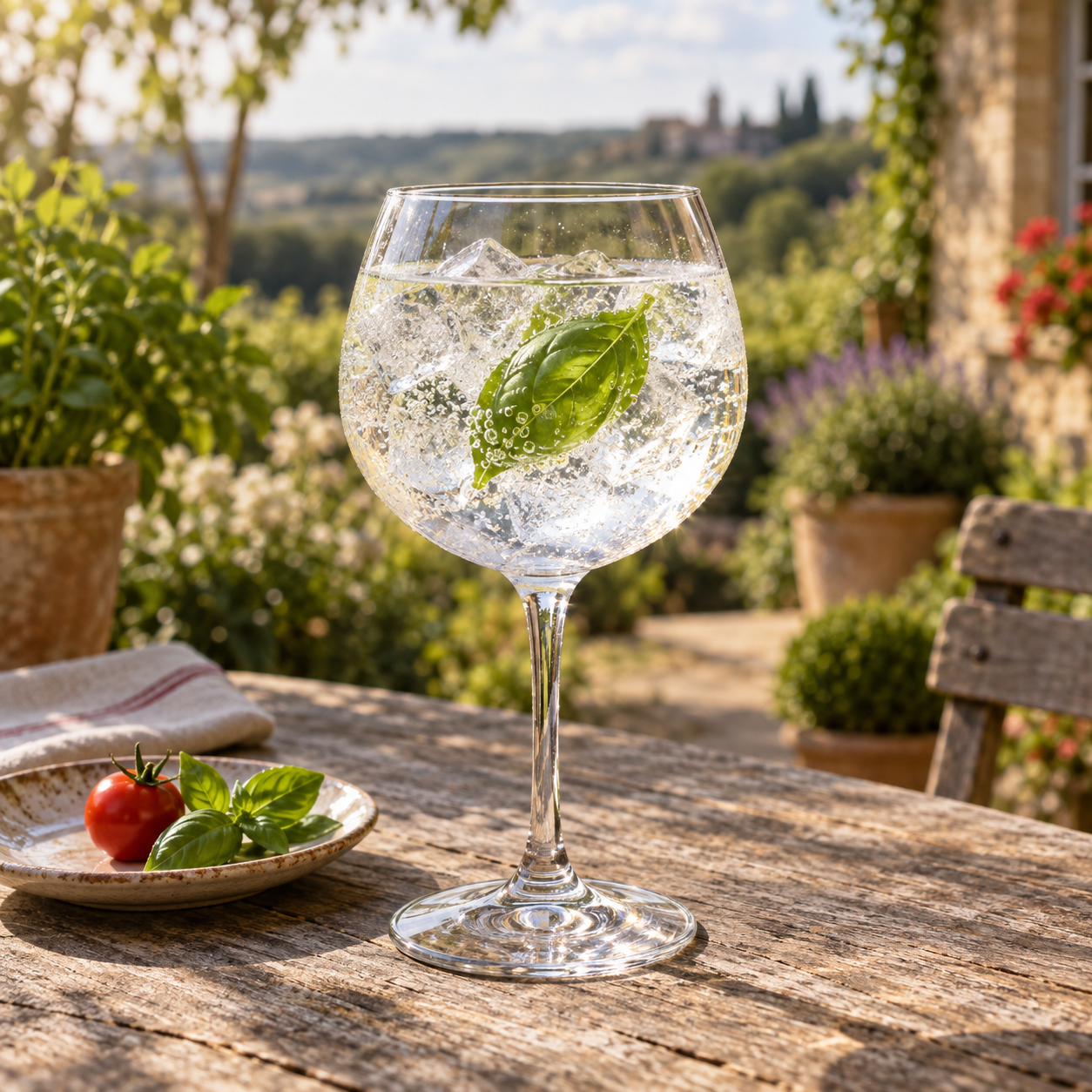 Batch The Italian Job Gin served with Fever-Tree Indian Tonic Water, garnished with Basil leaves and Cherry tomato