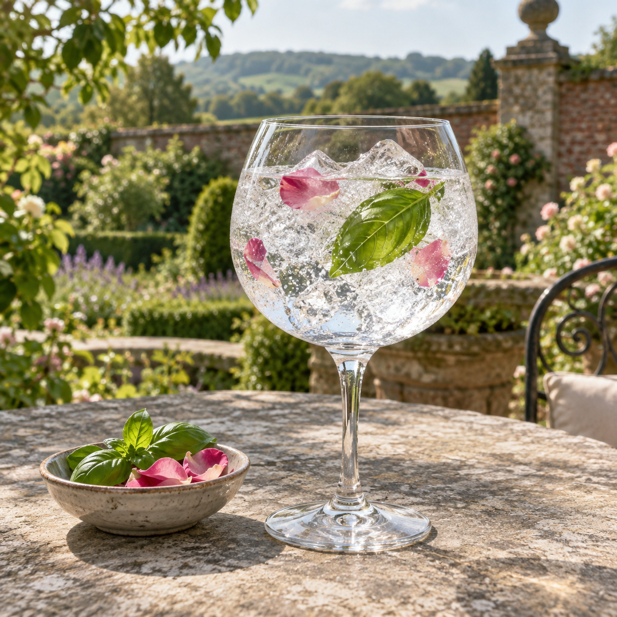 Wrekin Spirit Rose Herb Gin servi avec Fever-Tree Elderflower Tonic Water, agrémenté de Basil leaf et Rose petals