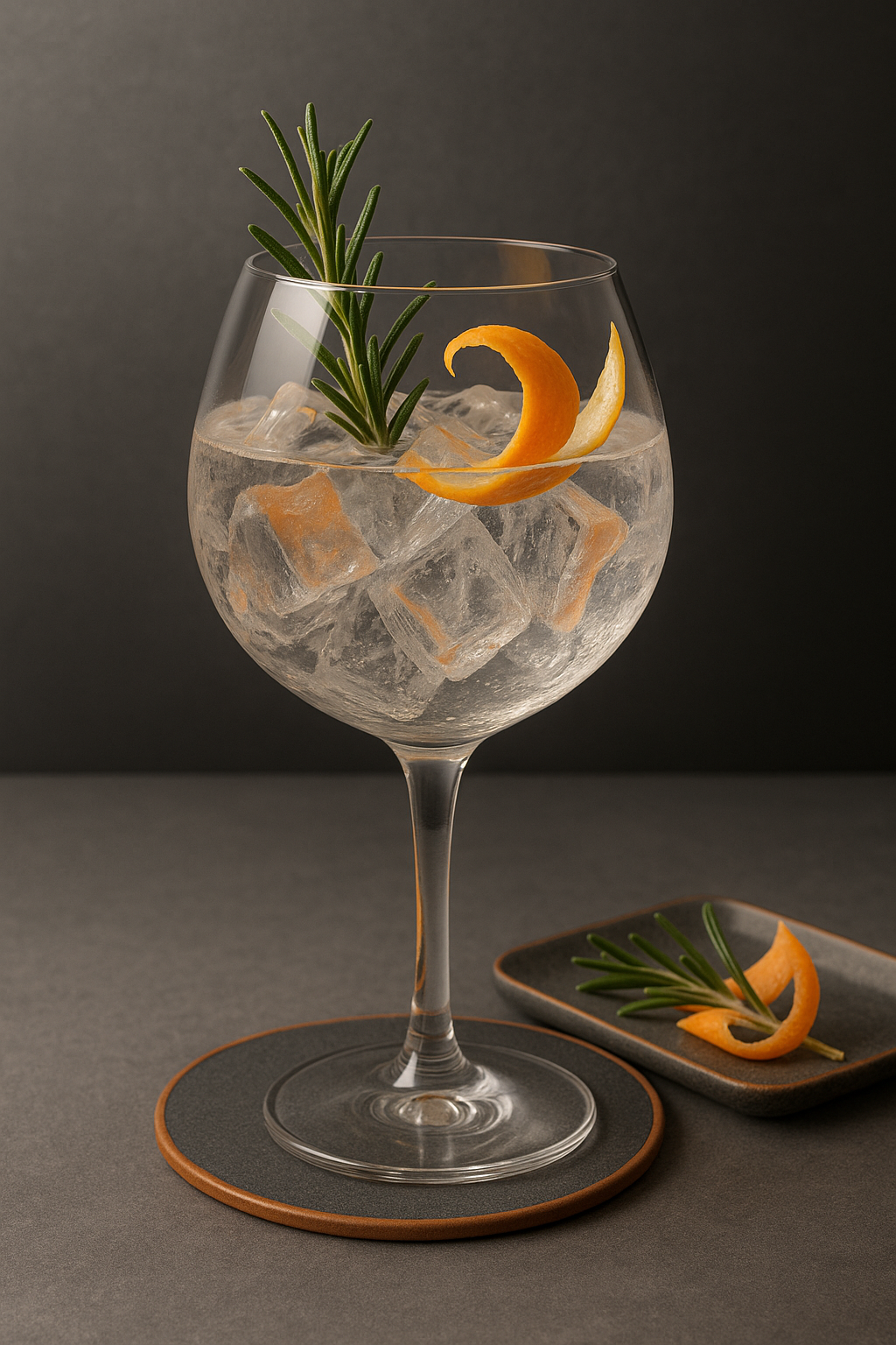 Monkey 47 Schwarzwald Dry Gin served with Franklin & Sons Rosemary & Black Olive Tonic Water, garnished with Fresh rosemary sprig and Grapefruit twist