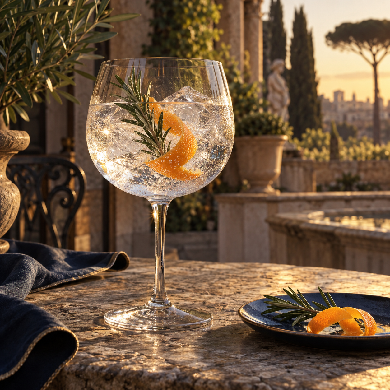 SIBILLA Classic Dry Gin served with Fever-Tree Indian Tonic Water, garnished with Orange peel and Rosemary