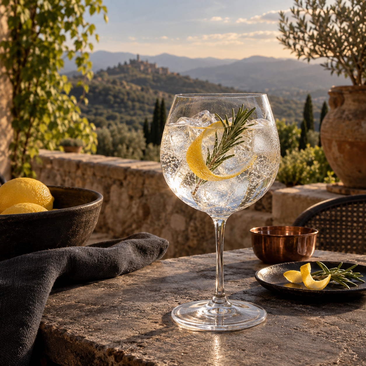 PENN London Dry Gin servi avec Fever-Tree Indian Tonic Water, agrémenté de Lemon peel et Rosemary