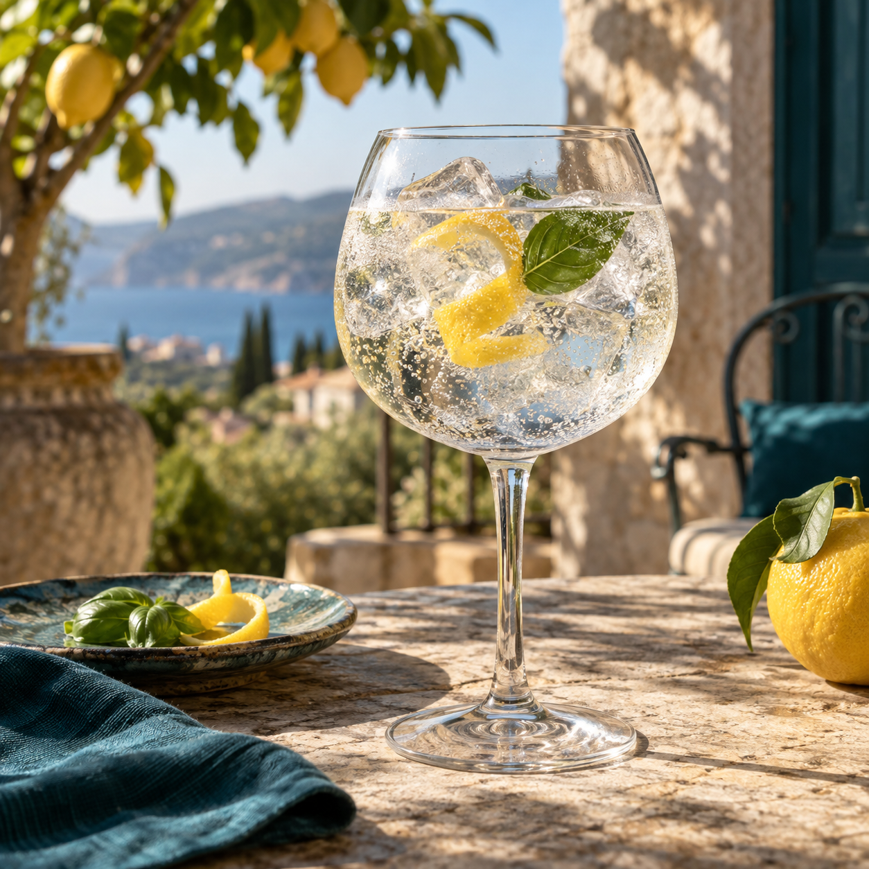 Mirpuri Gin Under the Lemon Tree served with Fever-Tree Indian Tonic Water, garnished with Lemon peel and Basil leaf