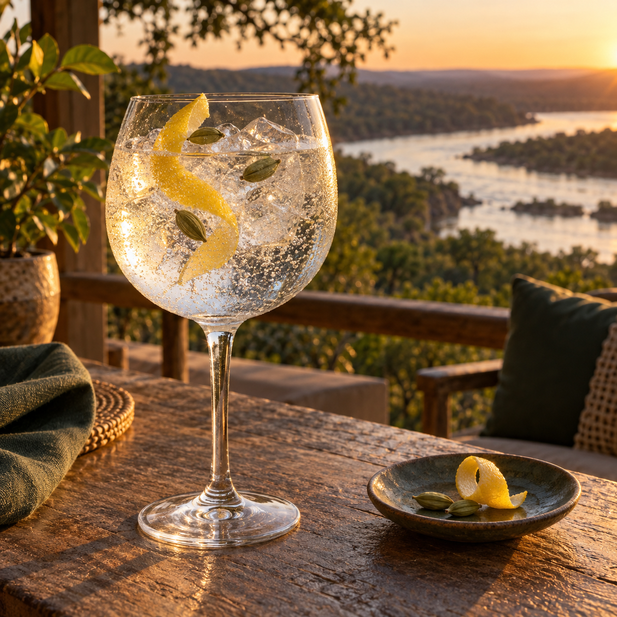 Alvearium Gin served with Fever-Tree Indian Tonic Water, garnished with Lemon peel and Green cardamom pods