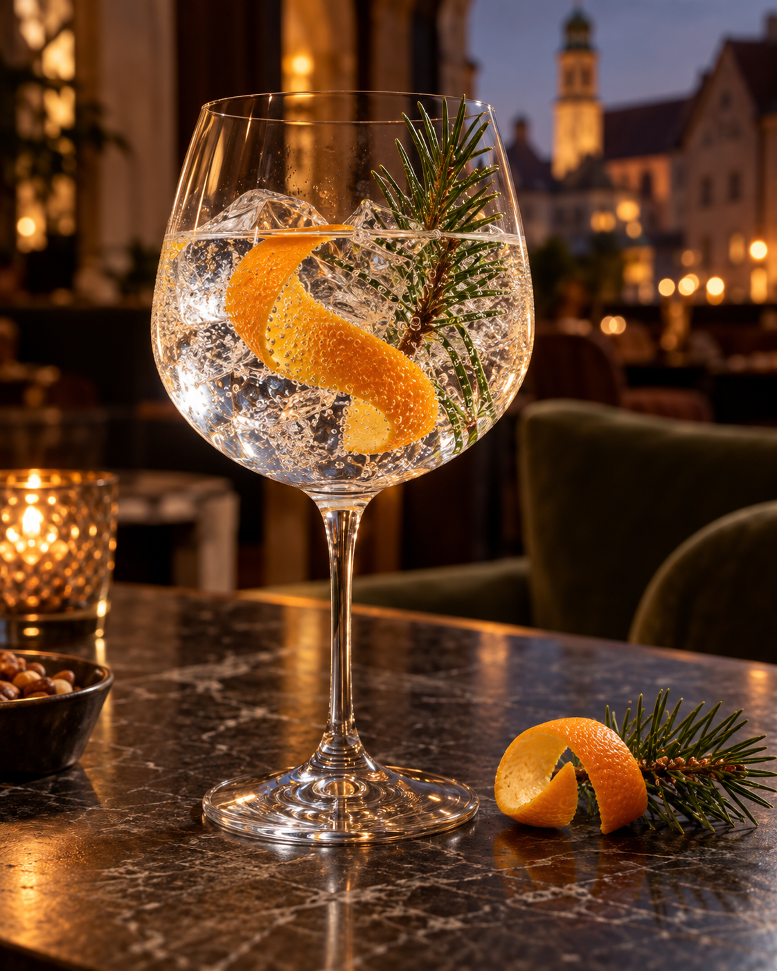 August Gin served with Fever-Tree Indian Tonic Water, garnished with Orange twist and Pine sprig
