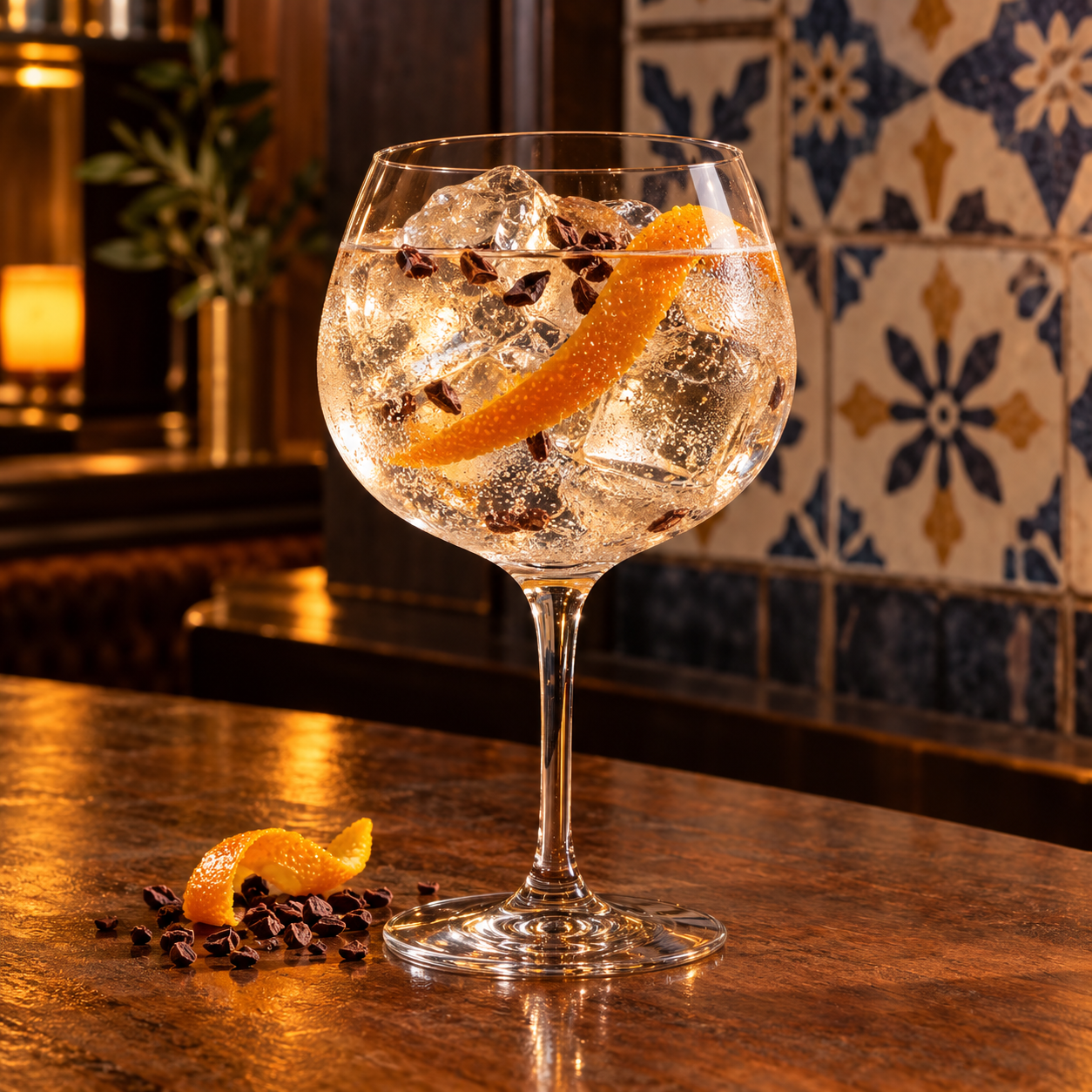100&NOMORE Oaxaca Gin served with Fever-Tree Indian Tonic Water, garnished with Orange twist and Cocoa nibs