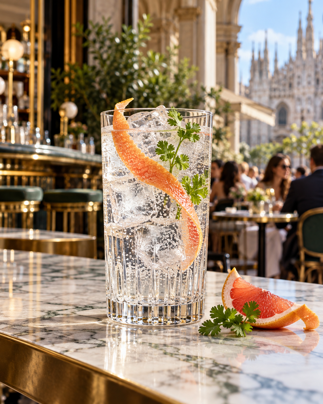 Dergano Gin Silver served with Fever-Tree Indian Tonic Water, garnished with Grapefruit twist and Coriander sprig