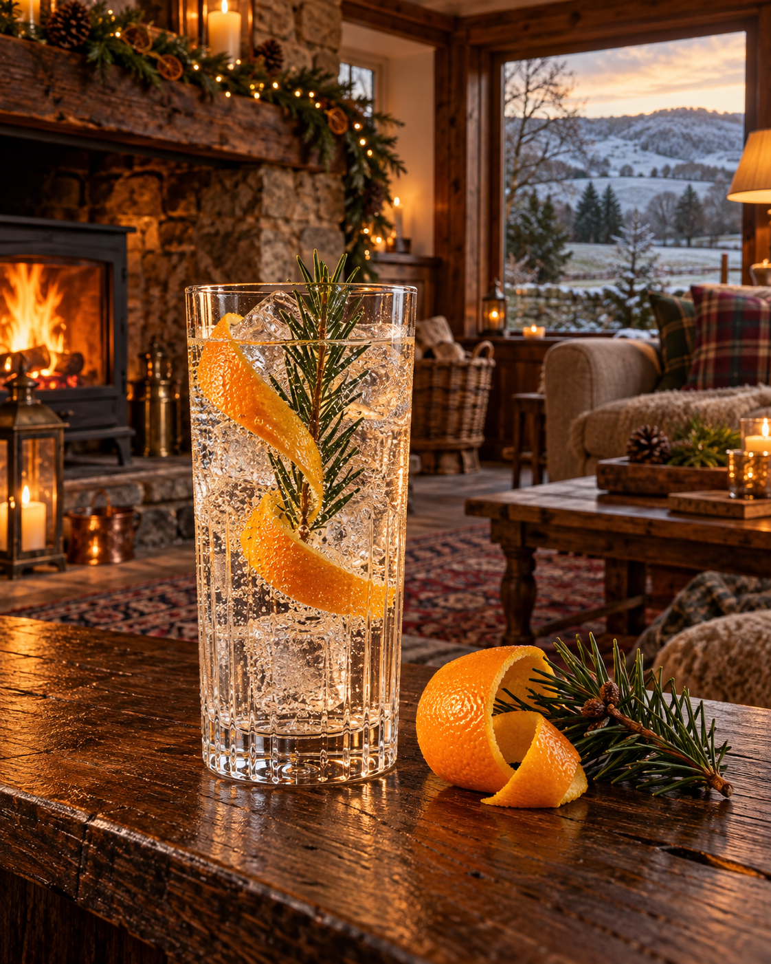 Dryad Yule Spice Gin served with Fever-Tree Indian Tonic Water, garnished with Orange twist and Pine sprig