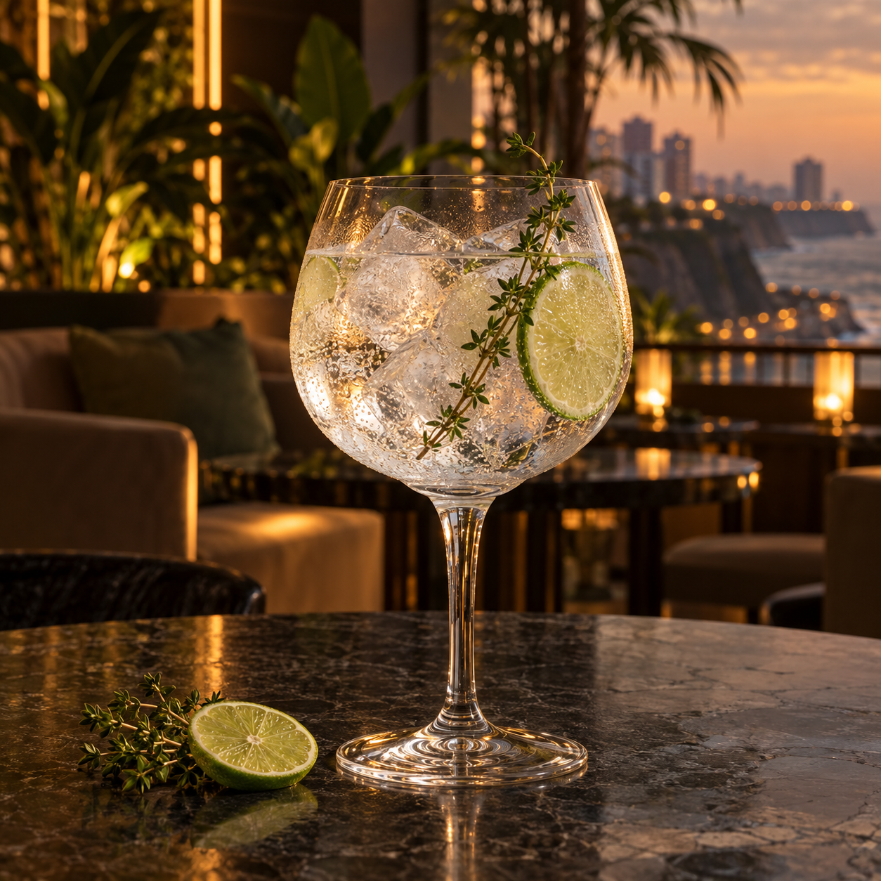 Gin 1535 served with Fever-Tree Indian Tonic Water, garnished with Lime wheel and Thyme sprig
