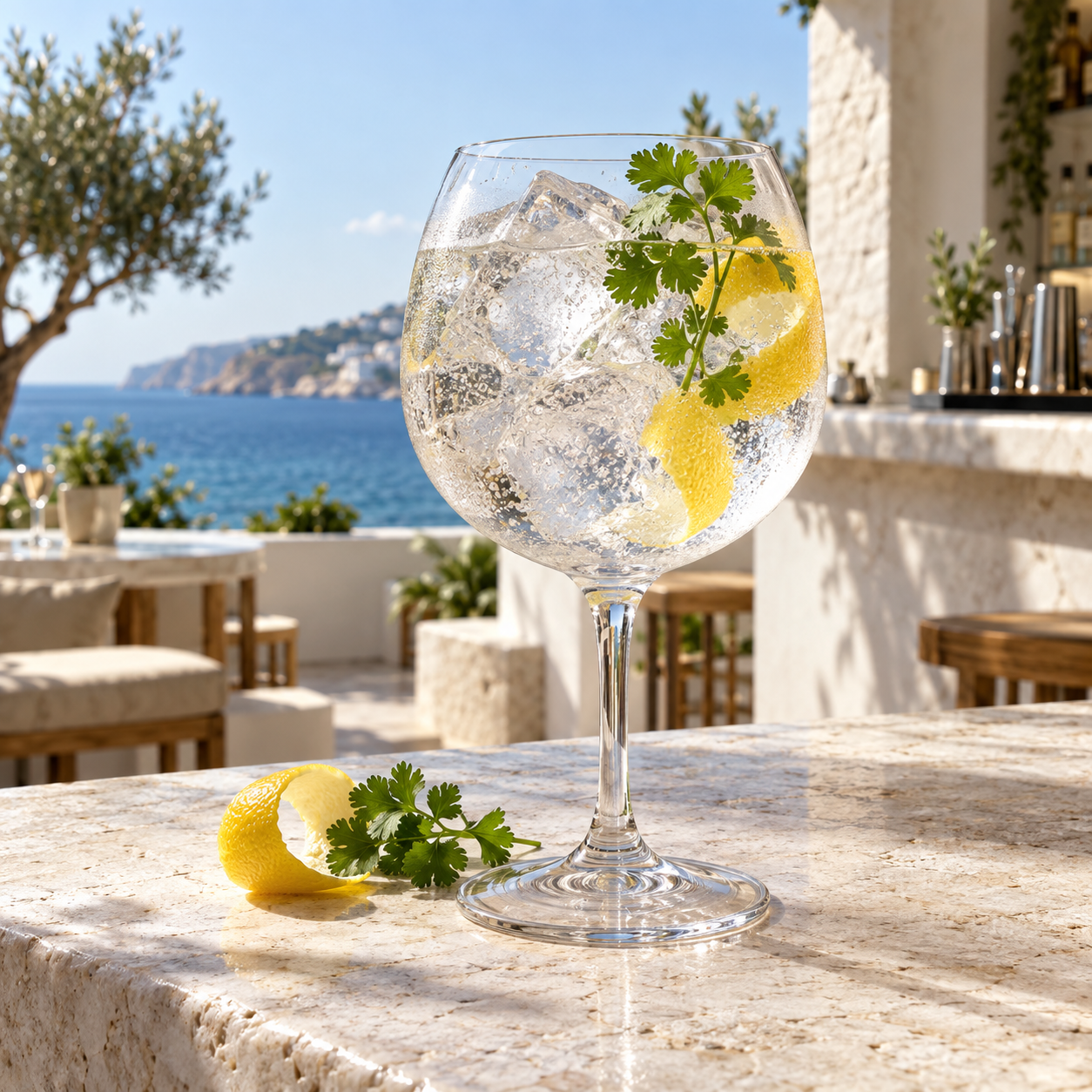 Latin Secco Gin served with Fever-Tree Indian Tonic Water, garnished with Lemon twist and Coriander sprig