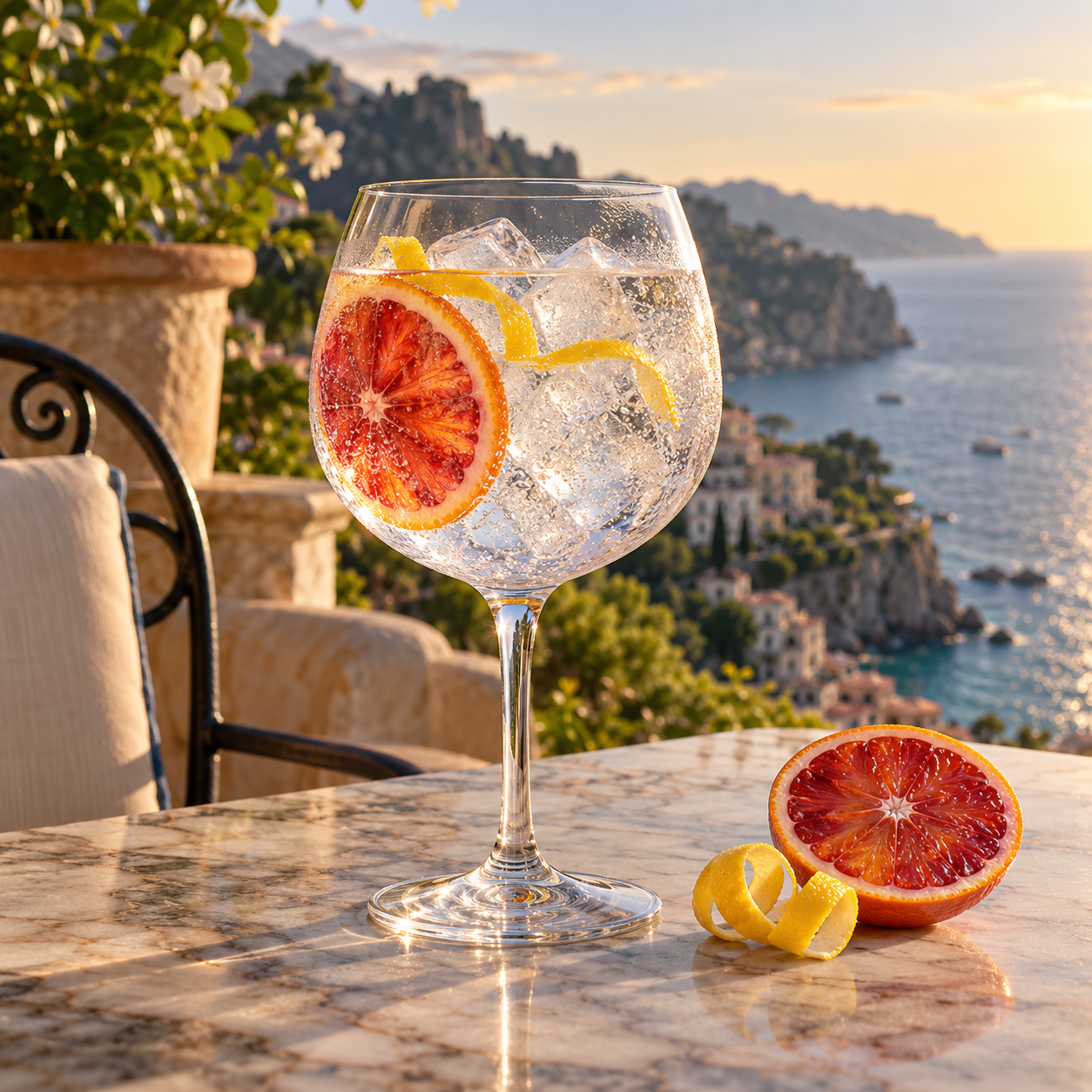 Latin Beach Gin served with Fever-Tree Indian Tonic Water, garnished with Blood orange slice and Lemon twist