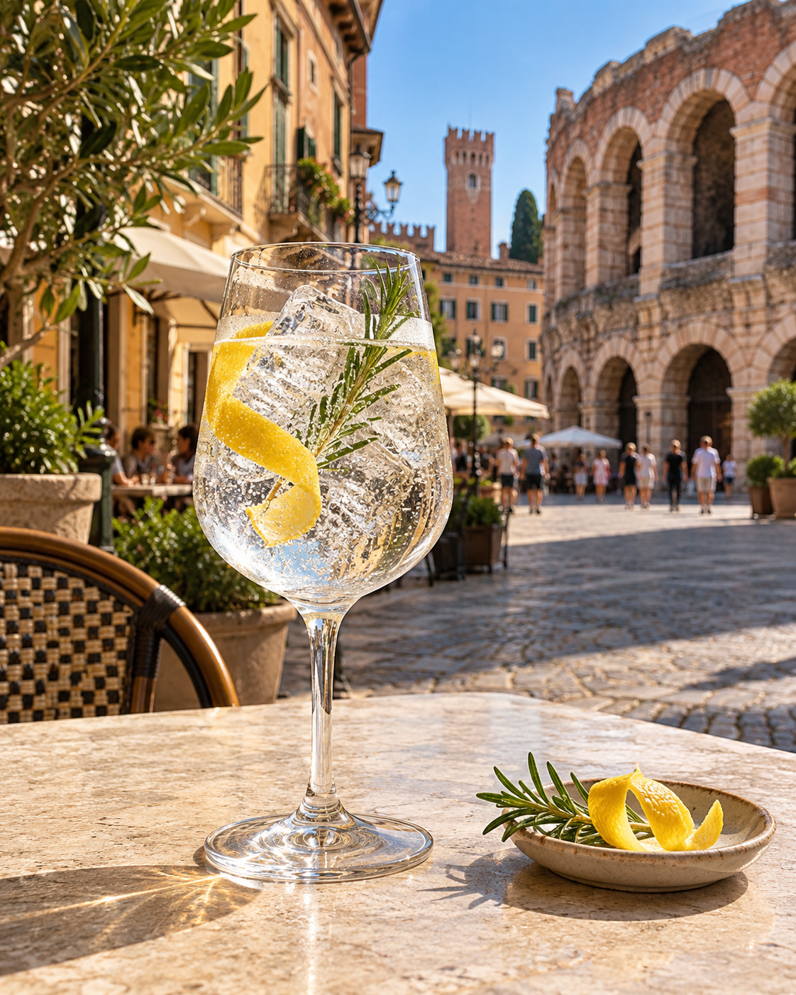 Terpeni Classico London Dry Gin served with Fever-Tree Indian Tonic Water, garnished with Lemon twist and Rosemary sprig