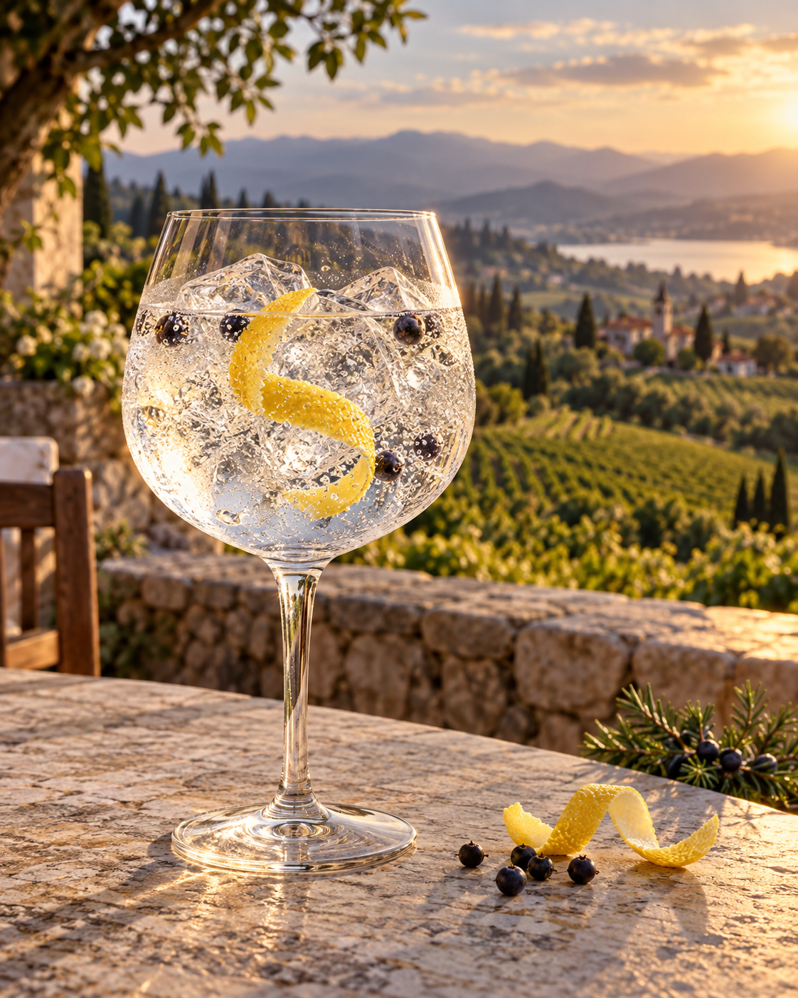Pozvacin London Dry Gin served with Fever-Tree Indian Tonic Water, garnished with Lemon twist and Juniper berries