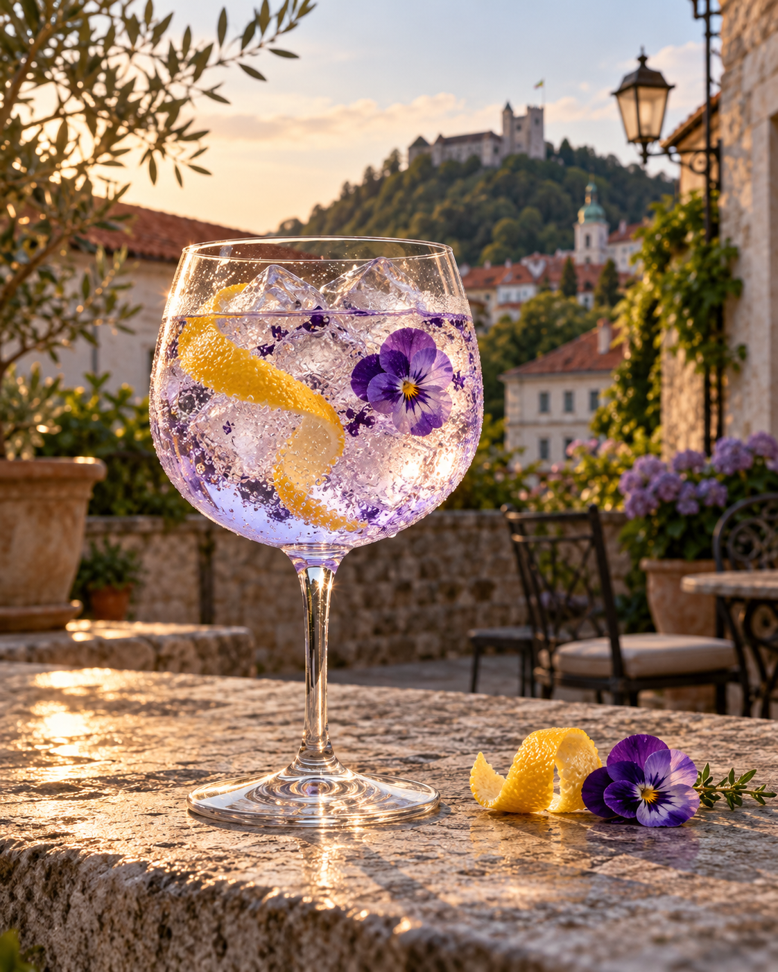 Pozvacin Purple Gin served with Fever-Tree Indian Tonic Water, garnished with Lemon twist and Edible violet