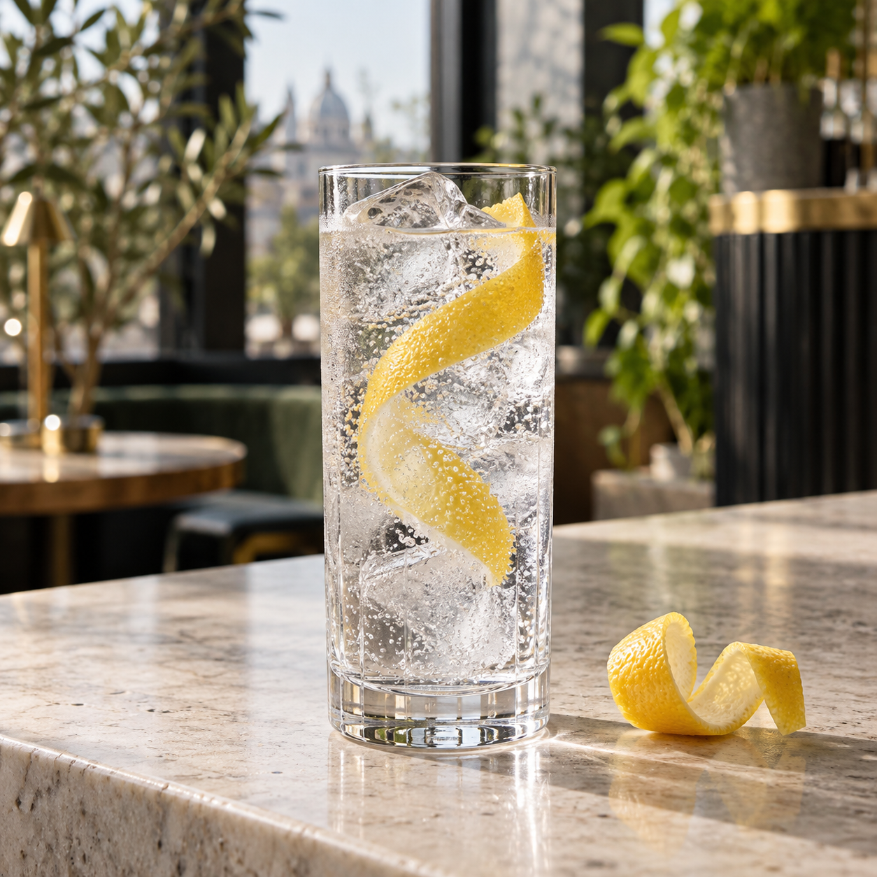 Evrythng Gin served with Fever-Tree Indian Tonic Water, garnished with Lemon twist