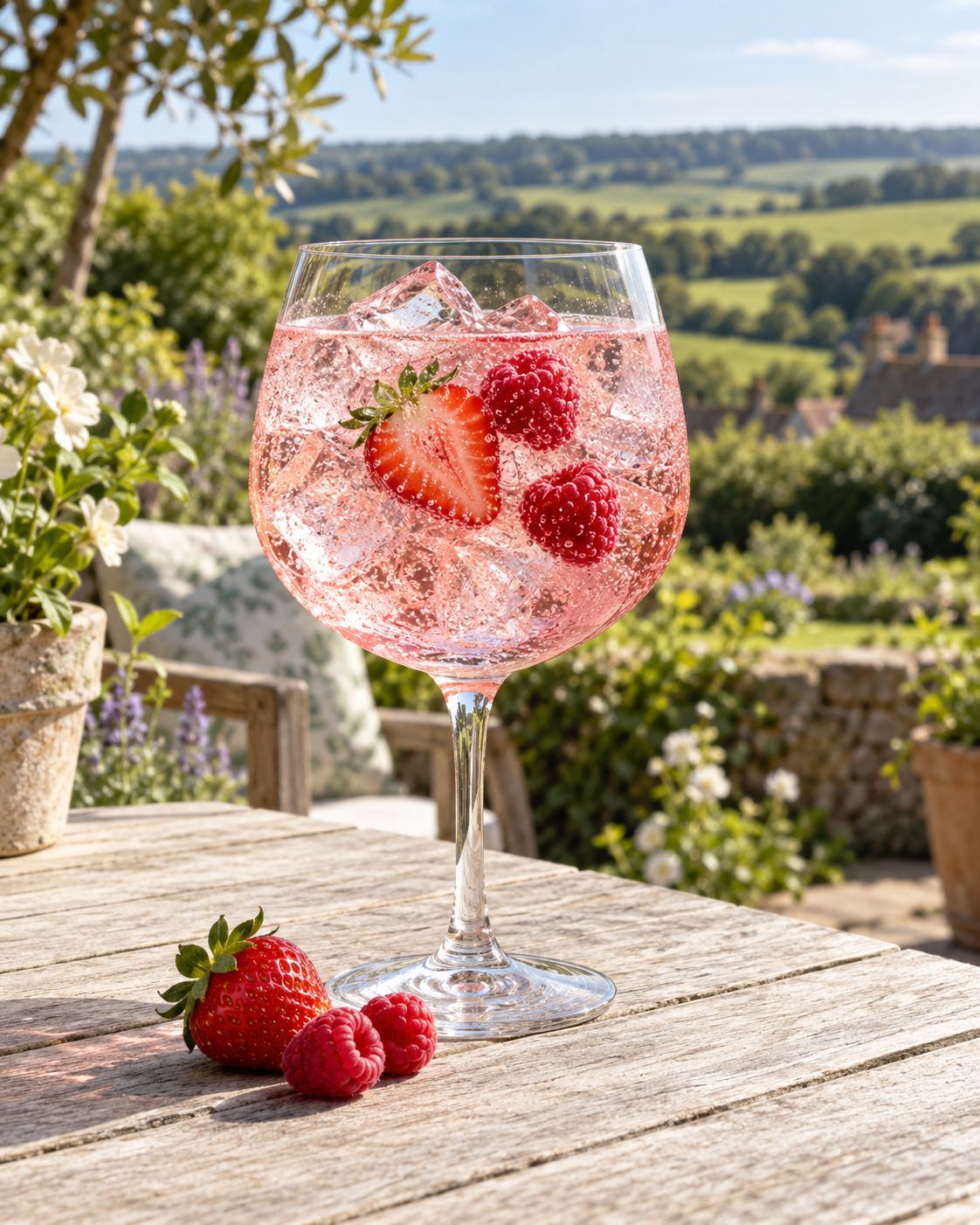 Copper Pot Summer Fling Pink Gin servi avec Fever-Tree Indian Tonic Water, agrémenté de Strawberry slice et Raspberries