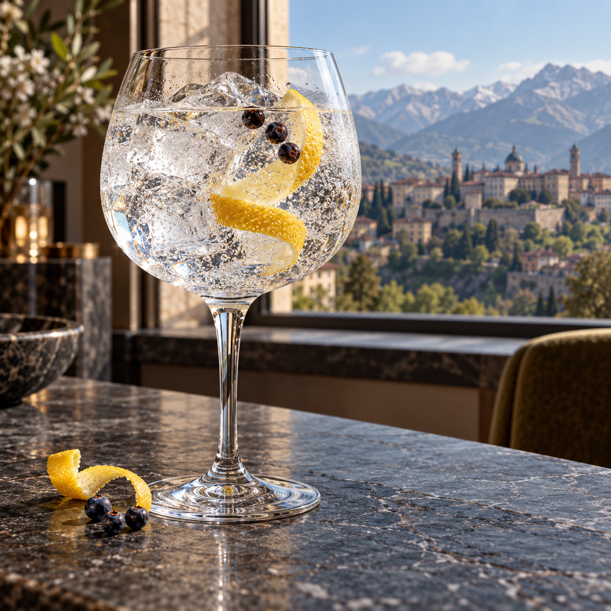DOA Orobic Juniper Gin served with Fever-Tree Indian Tonic Water, garnished with Lemon twist and Juniper berries