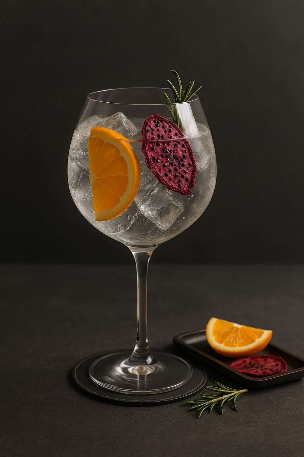 Amuerte Coca Leaf Gin Black served with Thomas Henry Tonic Water, garnished with Orange slice and Dried dragon fruit