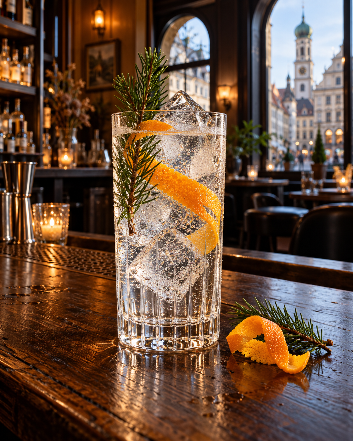 August Gin Navy Strength served with Fever-Tree Indian Tonic Water, garnished with Orange twist and Pine sprig