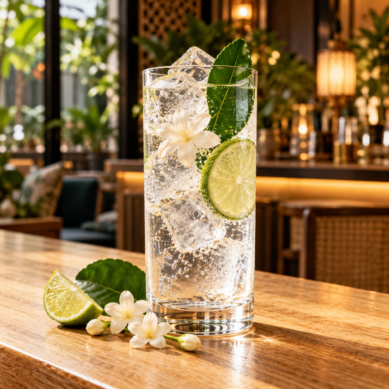 Batch Chon Gaew Gin served with Fever-Tree Mediterranean Tonic Water, garnished with Lime leaf and Lime slice