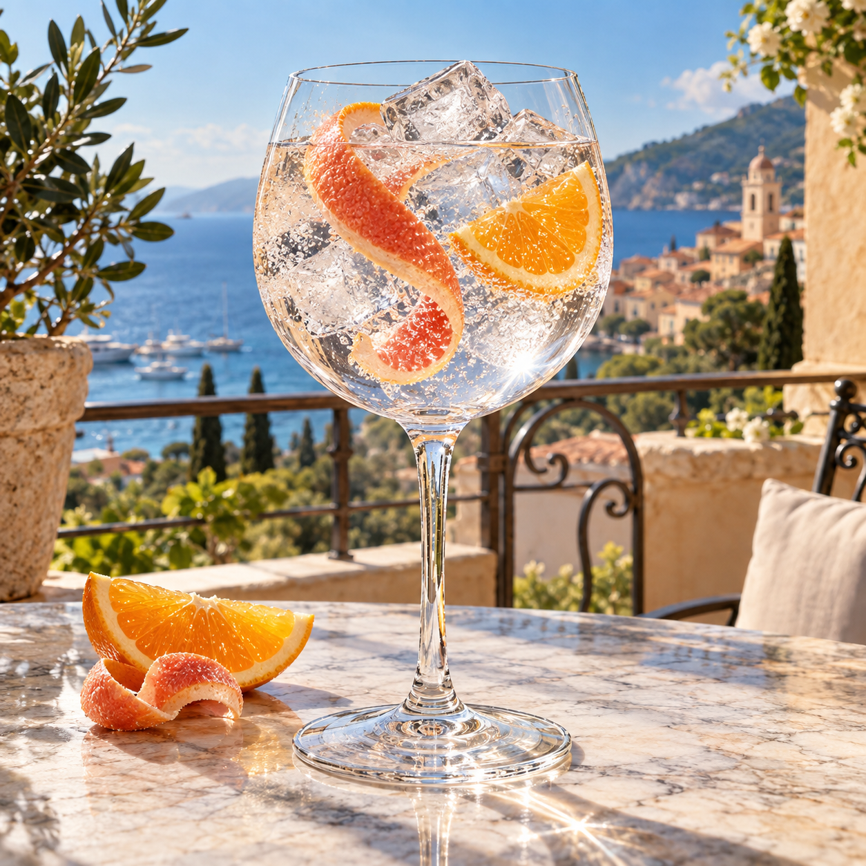 The Gardener Organic French Gin served with Fever-Tree Mediterranean Tonic Water, garnished with Pink grapefruit twist and Orange slice